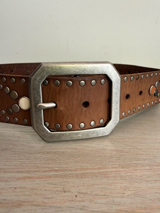 Linea Pelle Collection Wide Studded Western Leather Belt Boho Solid Brass Sz 38 main image 8